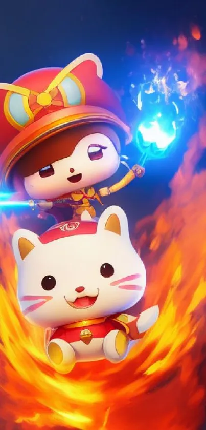 Two cute cartoon cats in a fiery adventure scene.