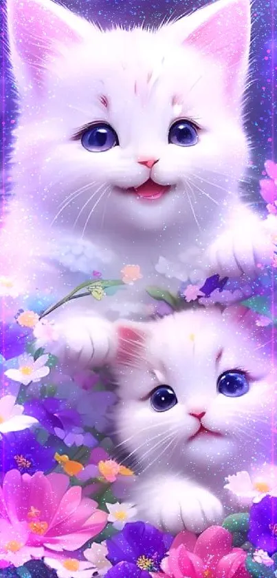 Two white kittens in colorful flowers create a charming mobile wallpaper.