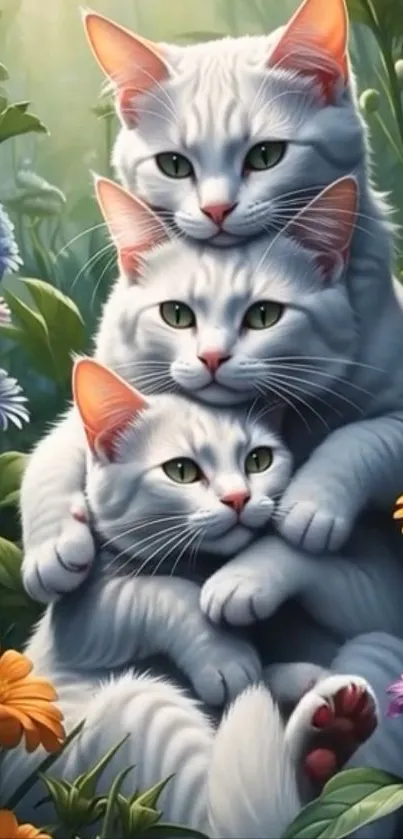 Three white cats playing in colorful flower garden wallpaper.