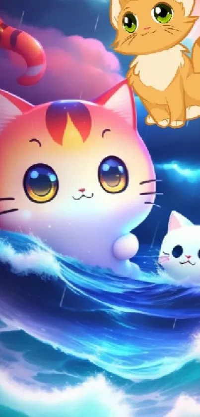 Adorable cartoon cats ride stormy waves in a colorful ocean setting.