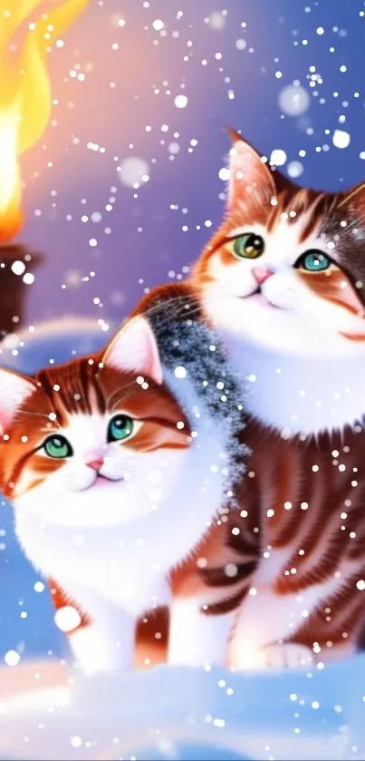 Two cute cats enjoy snow under a glowing night sky.