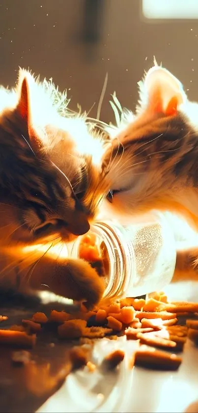 Two adorable cats enjoying sunlight and food on a table.