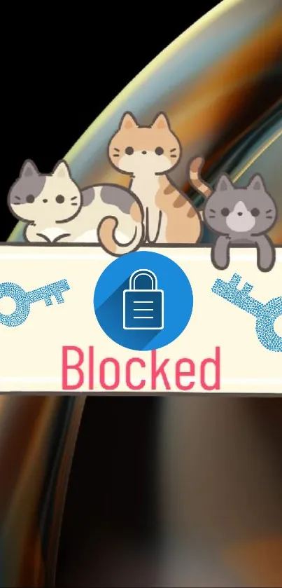 Cute cats sitting on a 'blocked' sign with keys in a whimsical design.