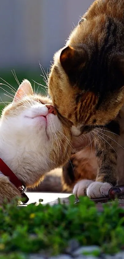 Two adorable cats lounge together outdoors on a sunny day.