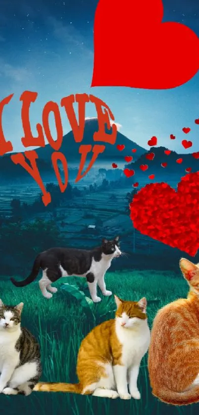 Cats with red hearts and 'I Love You' text on scenic background.