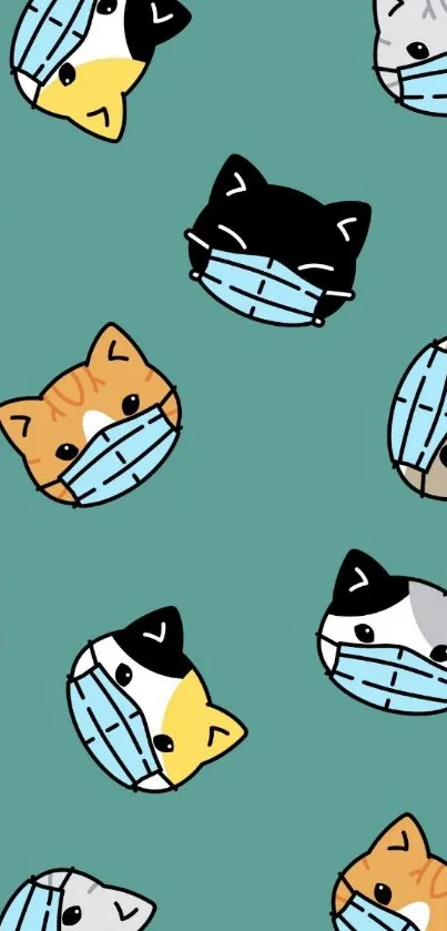 Cartoon cats with masks on teal background wallpaper.