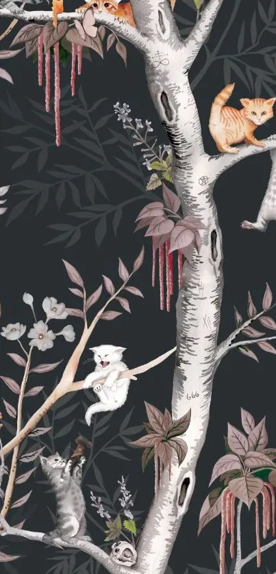 Cats play on birch trees with floral accents in dark gray backdrop.