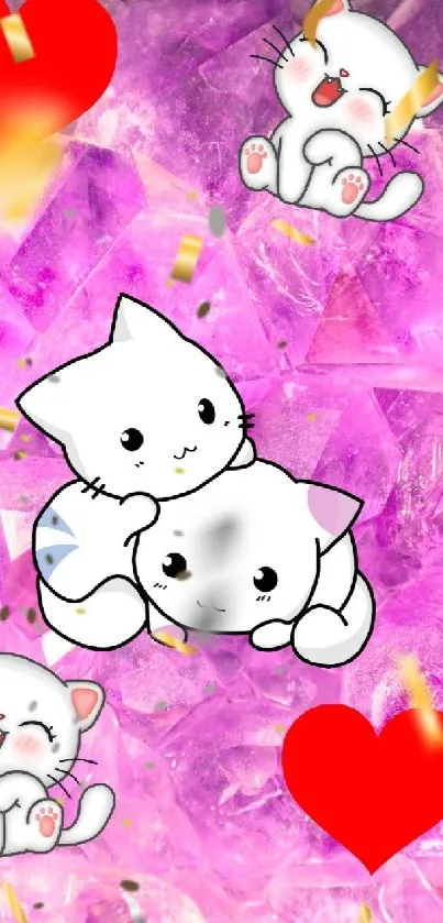 Three cute cartoon cats with red hearts on a purple crystal background.