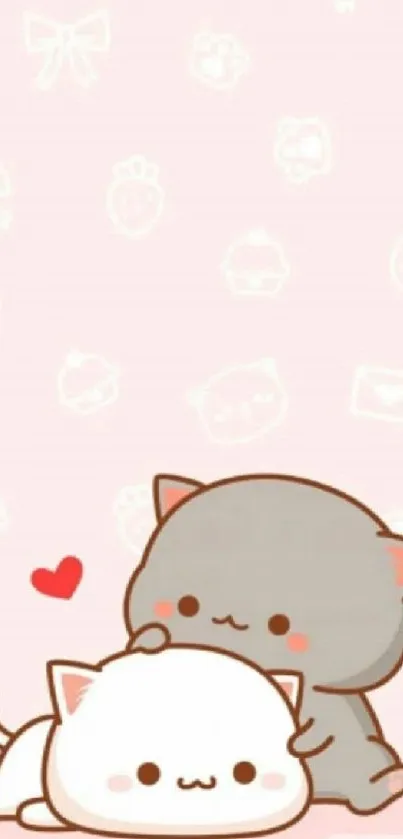 Cute pastel wallpaper with cartoon cats and hearts.