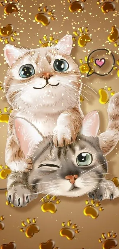 Two cute cartoon cats with paw prints on a light brown background.