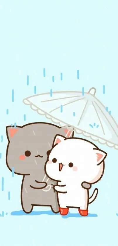 Two cartoon cats huddle under an umbrella in the rain.