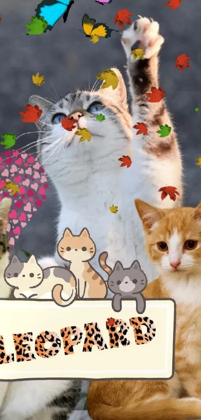 Cute cats play with butterflies on a grey background.