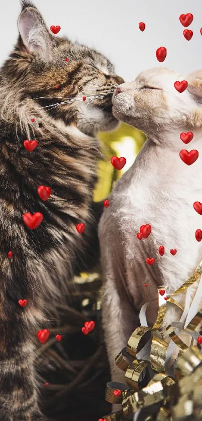 Two cats kissing among festive gold ribbons.