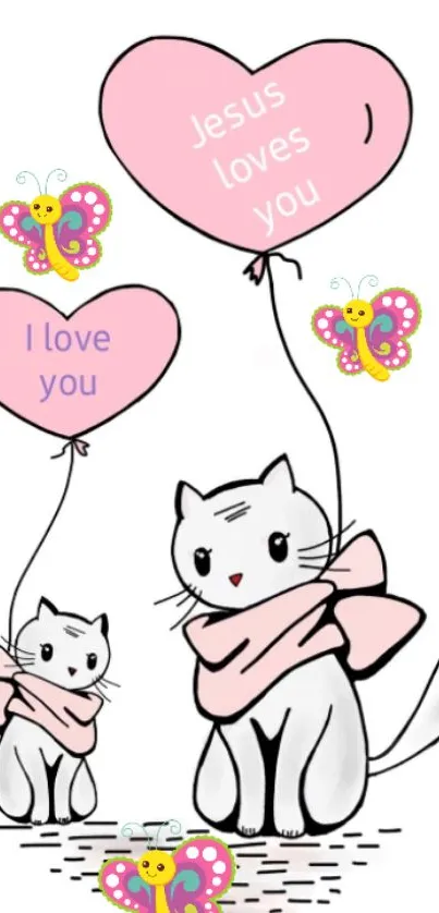 Cute cats with heart balloons and butterflies in pink theme.