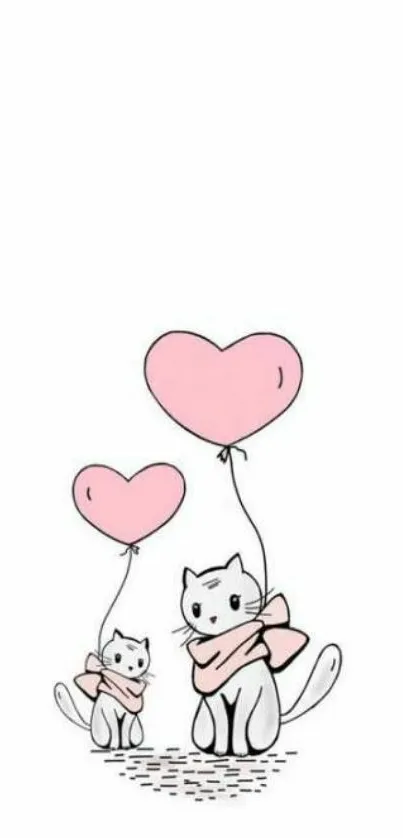 Illustration of two cats with pink heart balloons on a white background.