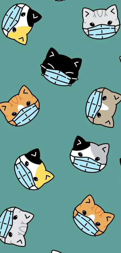 Cute cartoon cats wearing masks on a teal background.