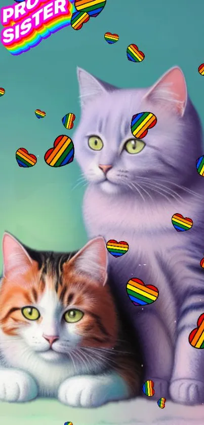 Two cats with rainbow heart accents on a teal background.