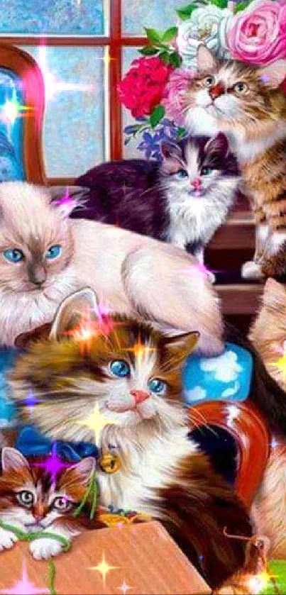 Group of cute cats with sparkling effects and a floral background.