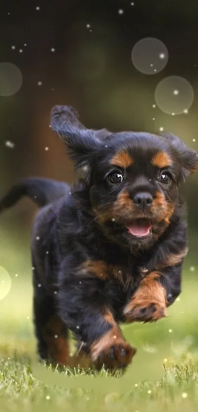 Cute Cavalier King Charles puppy running on grass with bokeh background.