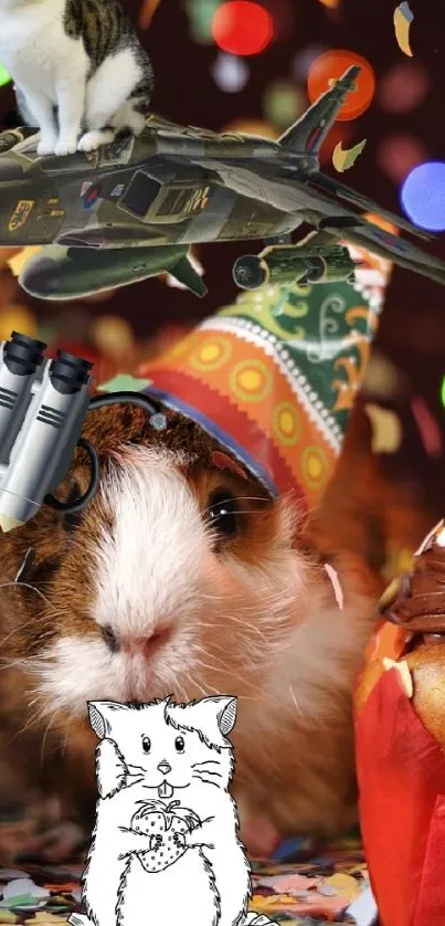 Guinea pig with party hat and cupcake amidst colorful confetti.