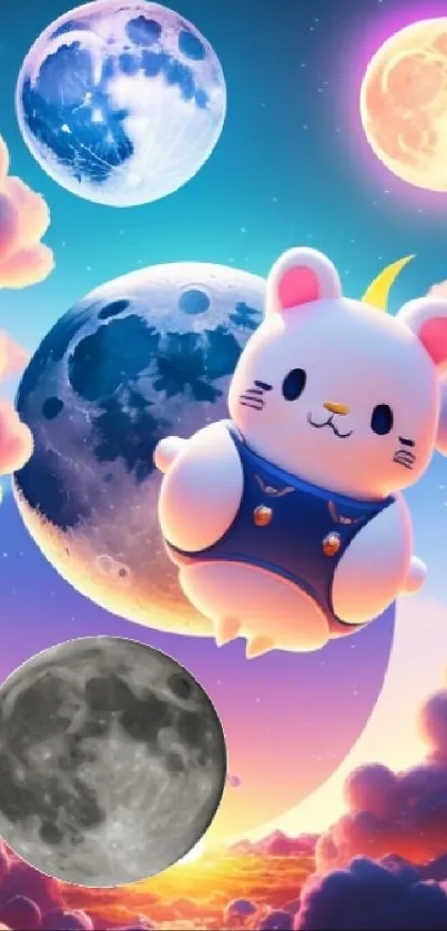 Whimsical fantasy phone wallpaper with a cute celestial cat and colorful moons.