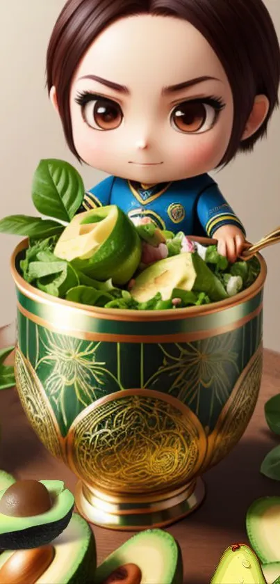 Cute cartoon character with avocado salad in fancy bowl.