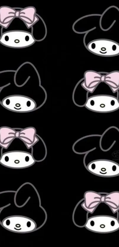 Cute black wallpaper with cartoon characters and pink bows.