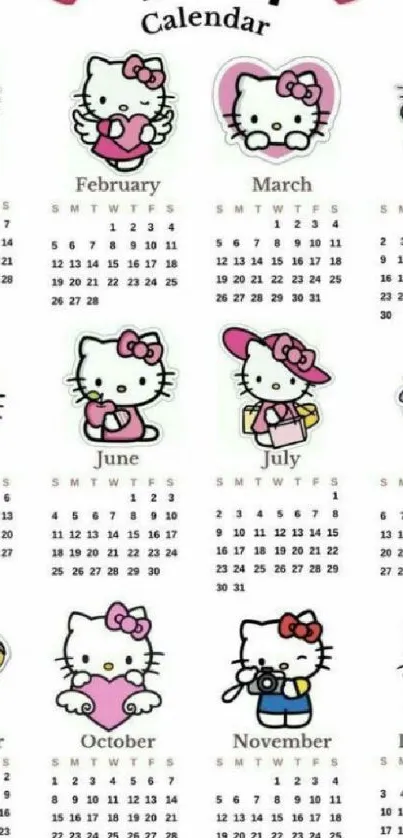 Cute character calendar wallpaper with monthly designs in soft colors.