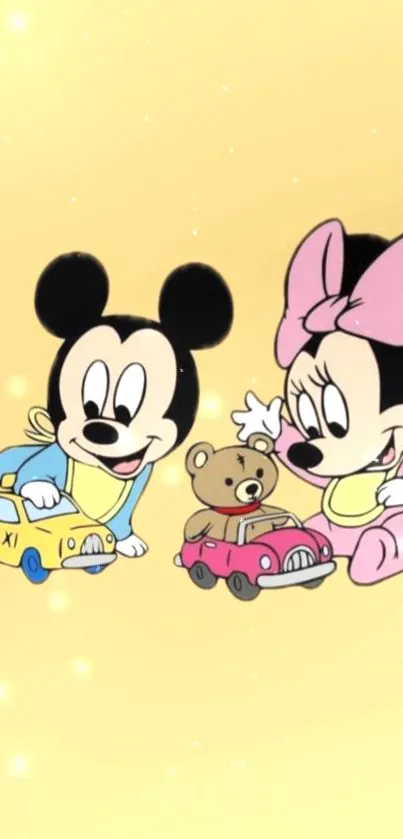 Cartoon characters playing with toy cars on yellow background.