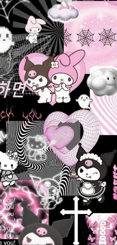 Kawaii character collage with pink and black theme featuring cute cartoon characters.