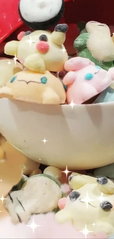 Cute pastel dessert characters in a bowl glittering.