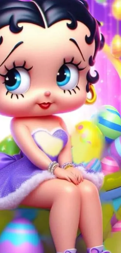 Cute cartoon character with Easter eggs and pastel purple theme.