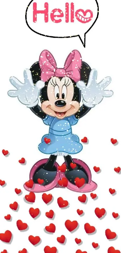 Adorable cartoon character with hearts and hello text.