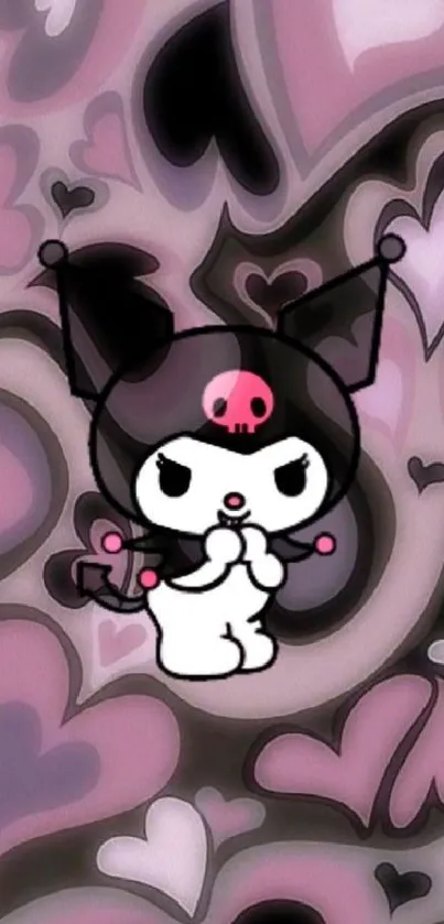 Cute animated character with pink and black hearts on wallpaper.