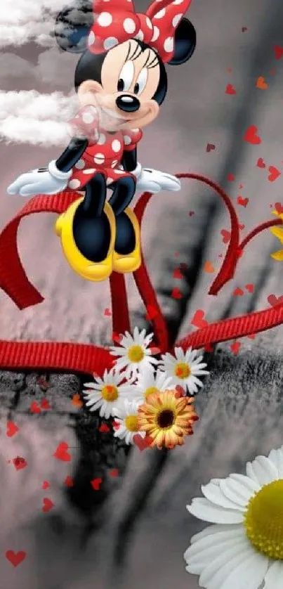 Cartoon character on heart with flowers, creating a vibrant and fun wallpaper design.