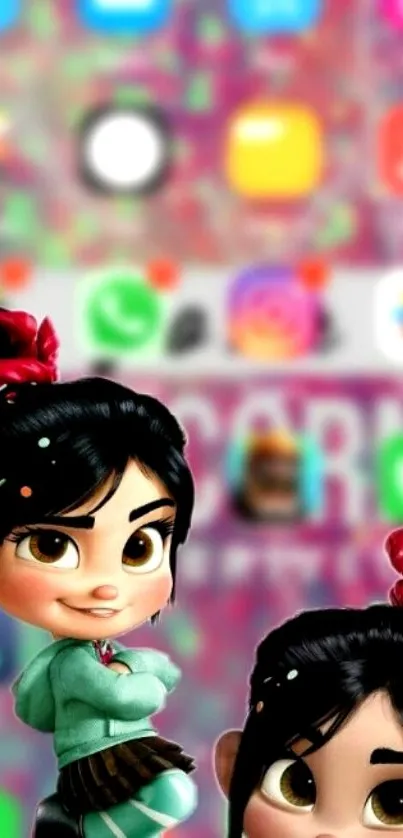 Cute animated characters on pink wallpaper.