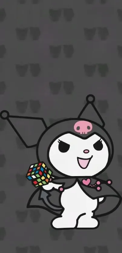 Cute cartoon character with Rubik's cube on dark background.