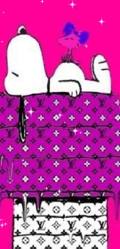 Cartoon character on designer doghouse with pink background.