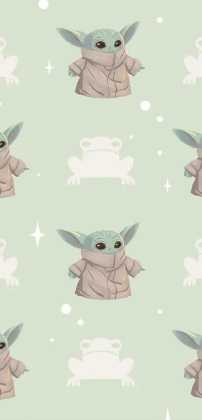 Cute pattern wallpaper with green background and adorable figures.