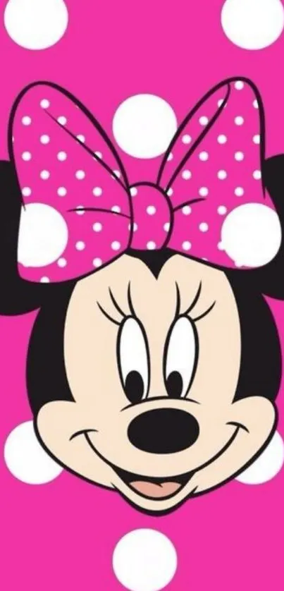 Pink cartoon character wallpaper with polka dots and a big bow.