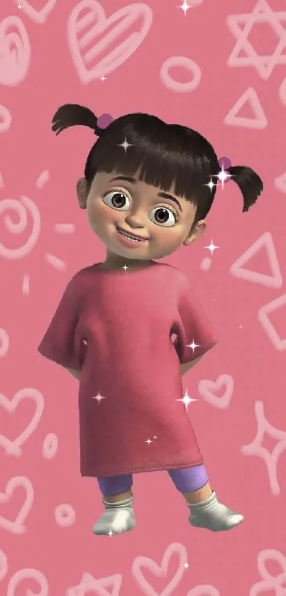 Cute cartoon girl on a pink background with playful symbols.