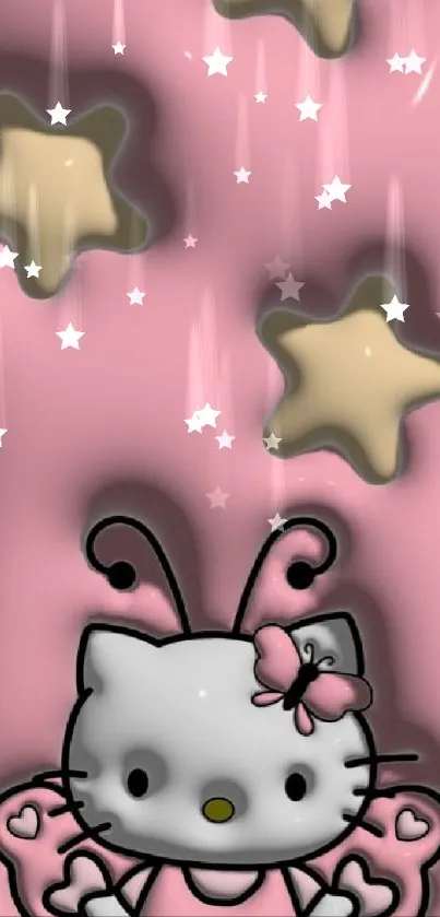 Cute pink wallpaper with cartoon character and stars.