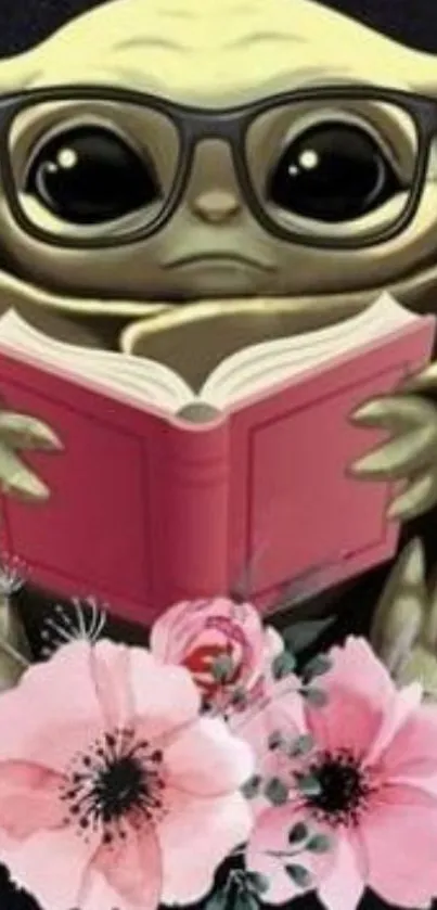 Cute character with book and pink flowers.