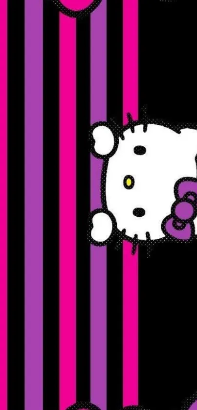 Adorable cat character on striped purple and pink wallpaper.