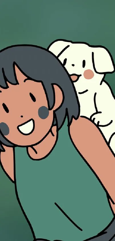 Cute character with dog on forest green background.