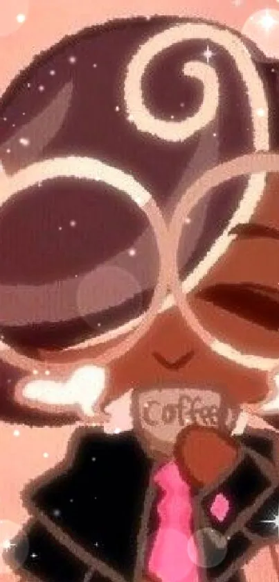 Cute cartoon character sipping coffee in warm tones.