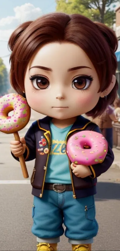 Cute 3D character holding pink donuts on city street.