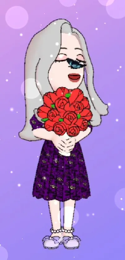 Cartoon character with flowers on a purple background.