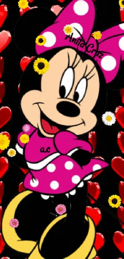 Cartoon character with pink dress and red hearts background.