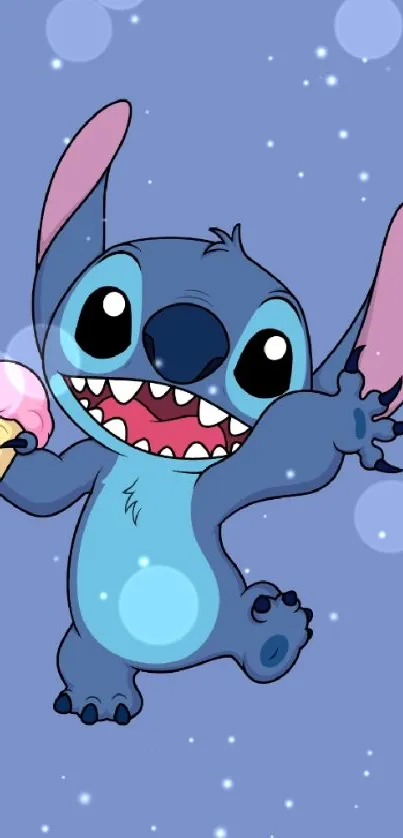 Blue cartoon character enjoying ice cream on a vibrant backdrop.